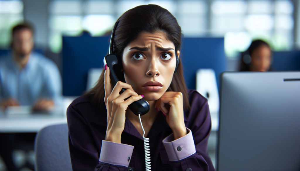 Worried woman on phone in busy office setting