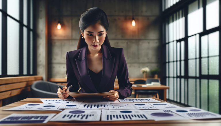 Businesswoman reviewing financial charts at office desk