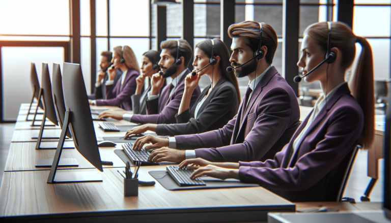 Customer service team working at computers in office