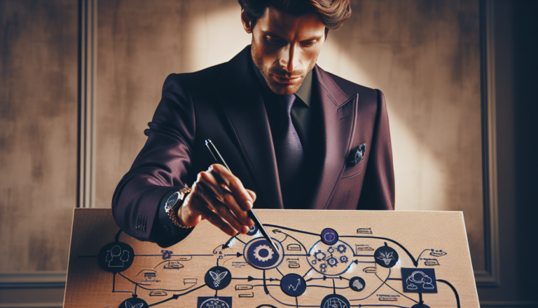 Man in suit planning on business strategy board