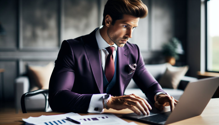 Businessman reviewing documents on laptop in office