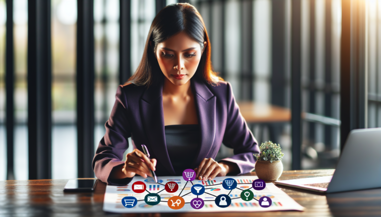 Businesswoman planning marketing strategy with digital icons