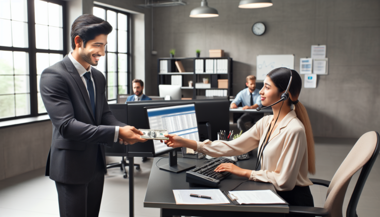 Businessman handing cash to woman at office desk