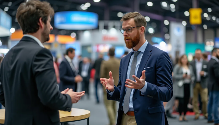 Two businessmen conversing at a busy trade show