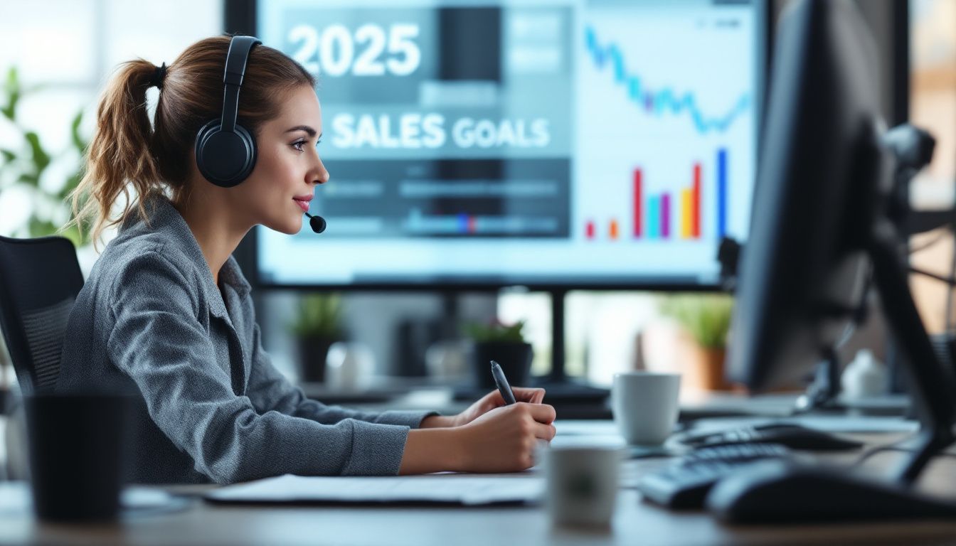 Customer service representative analyzing sales goals on screen