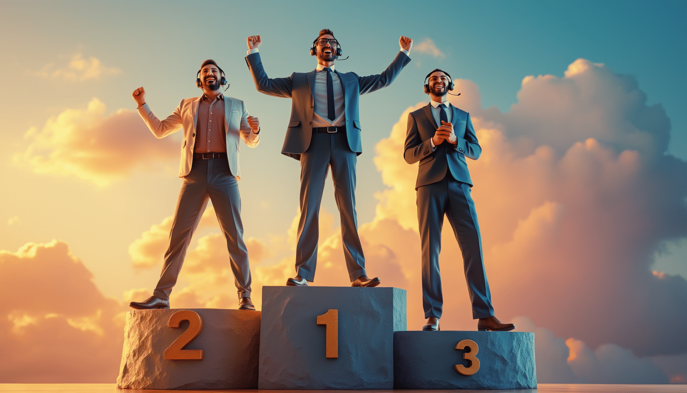 Three men celebrating on victory podium at sunset