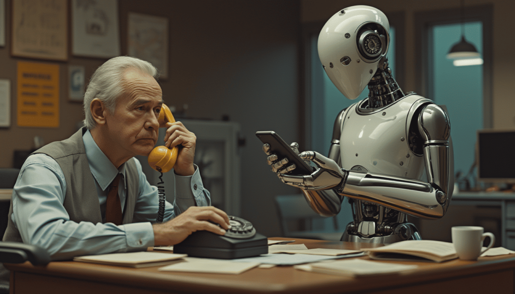 Elderly man and robot examining smartphone in office