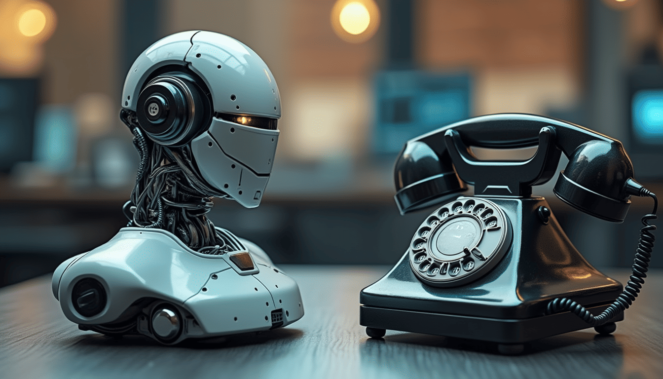 Robot head beside old-fashioned rotary telephone