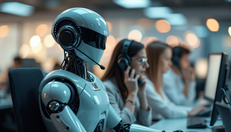 Robot and humans working together in office.