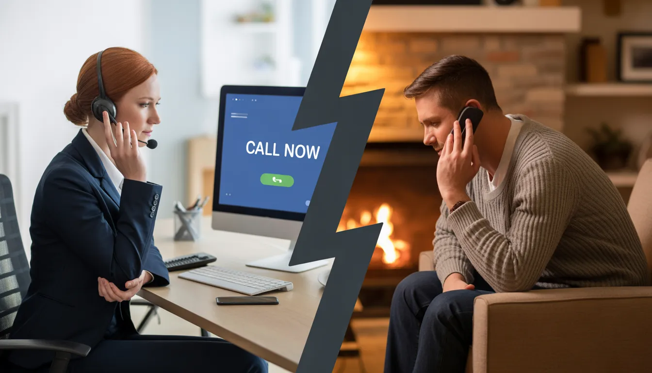 Customer service agent and man making call at home