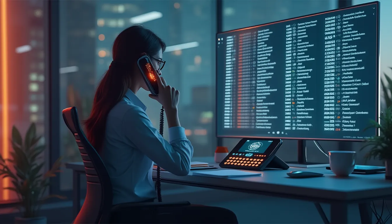 Woman on phone monitoring data on large computer screen.