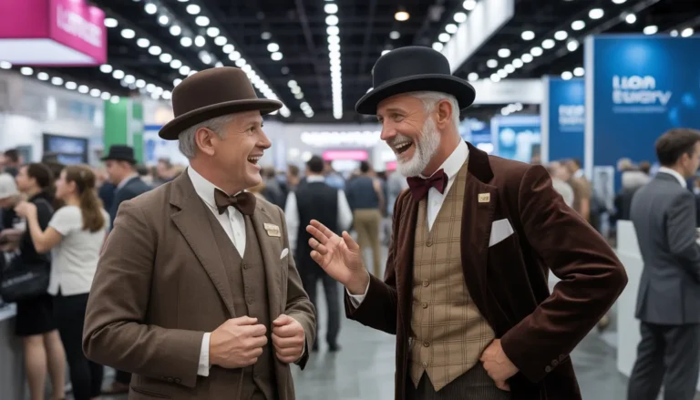 Two smiling men in vintage attire at busy convention