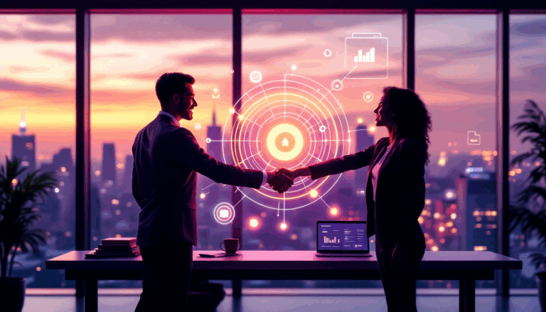 Professionals shaking hands with digital data overlay