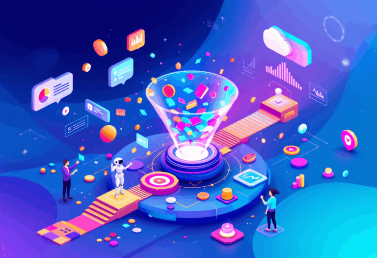 Futuristic tech innovation hub with interactive displays and figures