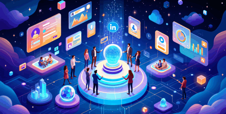 Futuristic digital technology hub with interactive platforms and people.
