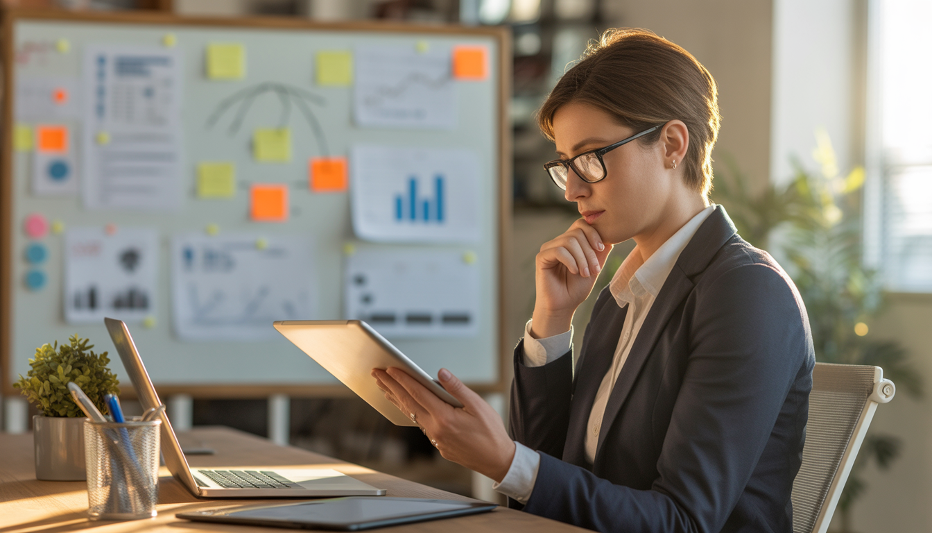 Businesswoman analyzing data on tablet in office