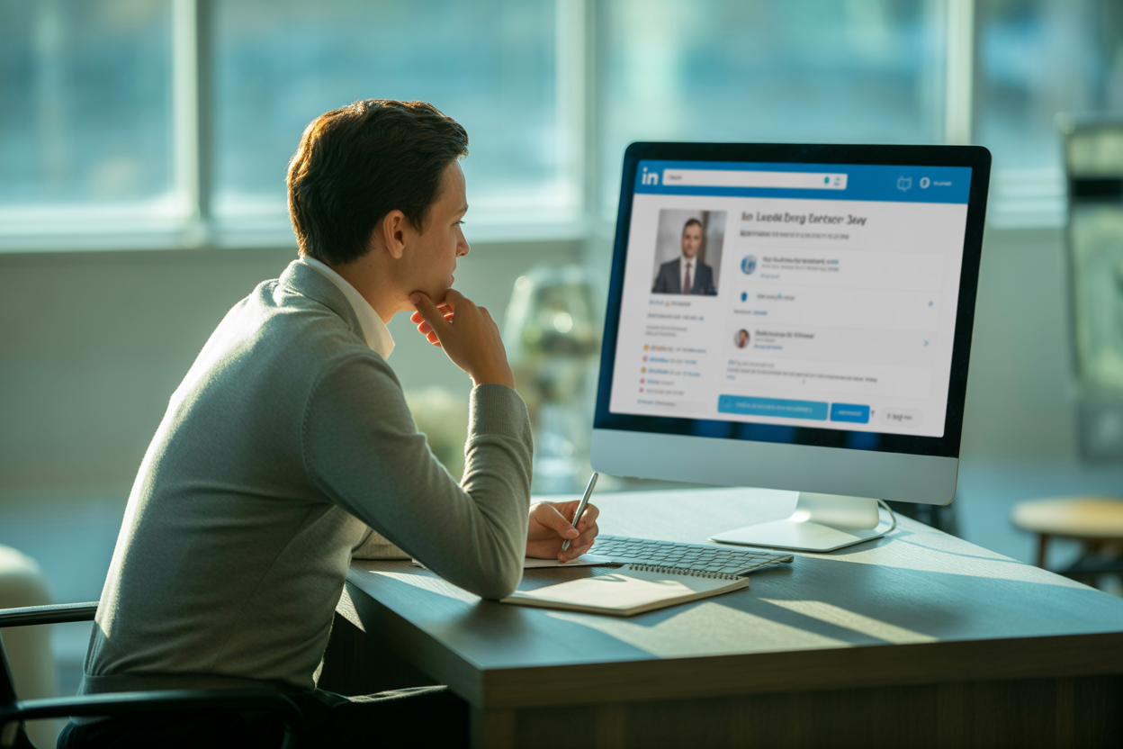Professional exploring LinkedIn on desktop in sunlit office