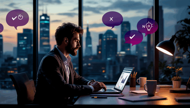 Man working on laptop at night with city backdrop