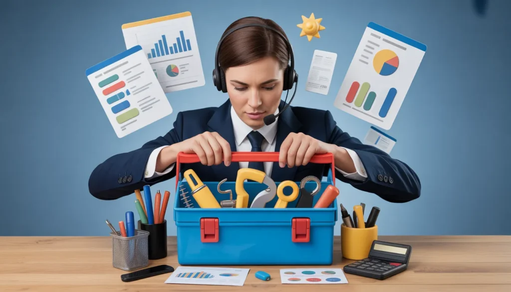 Businesswoman with toolbox, graphs, and headset