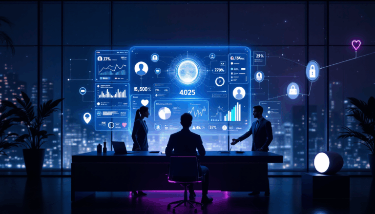 Business professionals analyzing data on futuristic interface