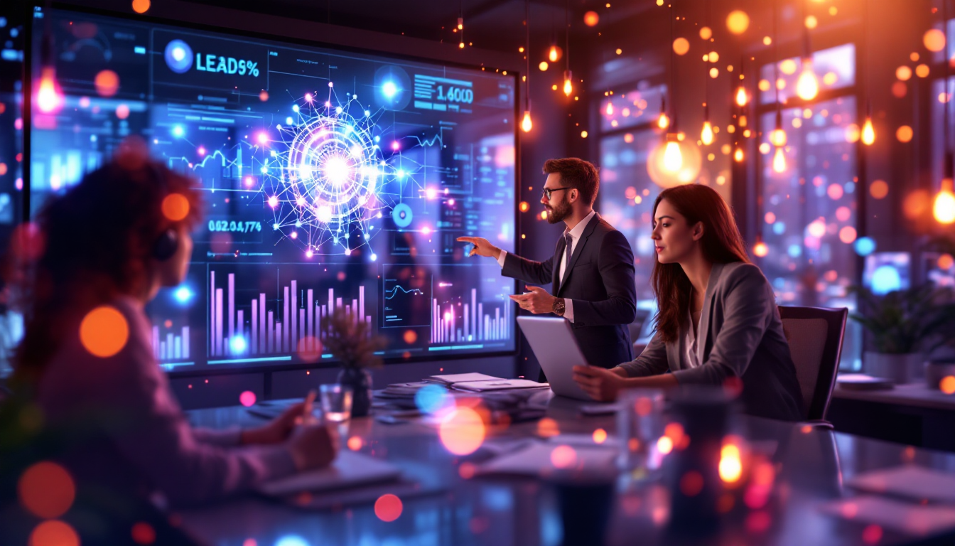 Business team analyzing data on futuristic digital screens