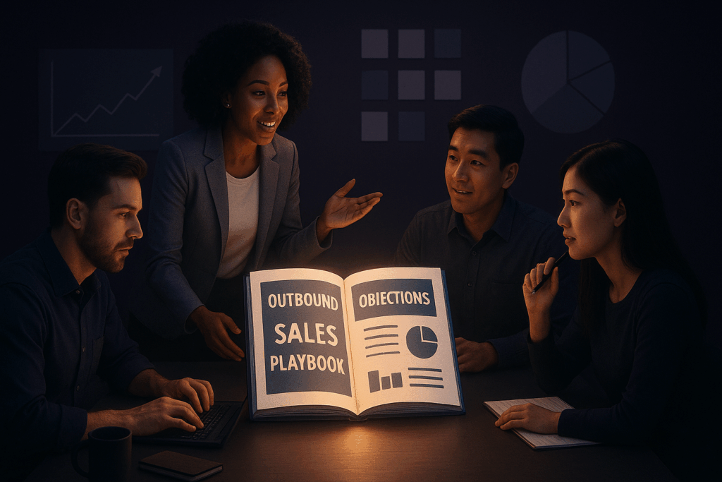 Diverse team discussing sales playbook in dim office