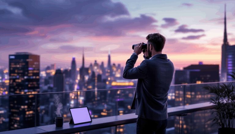 Man using binoculars overlooking cityscape at sunset