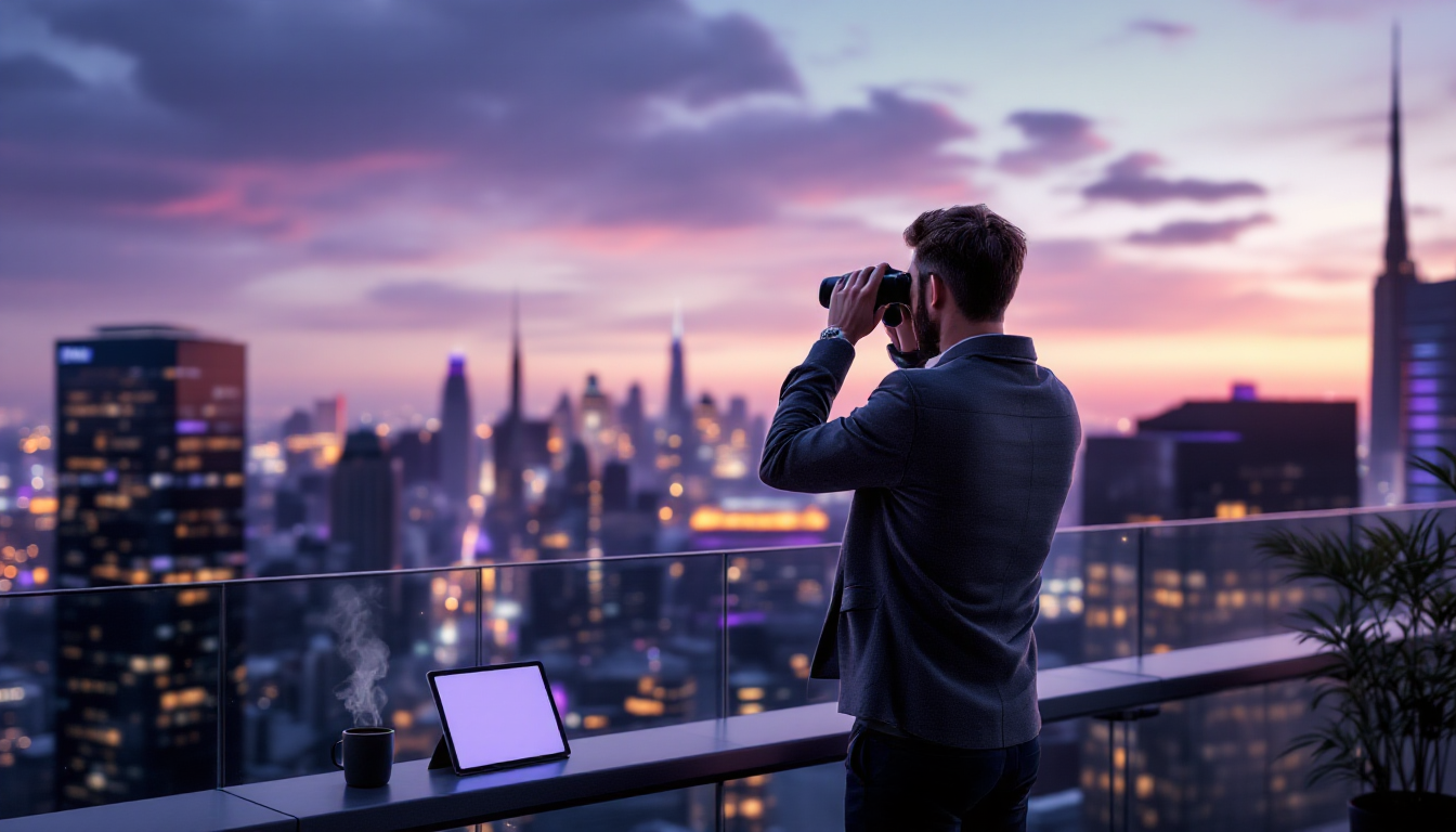 Man using binoculars overlooking cityscape at sunset