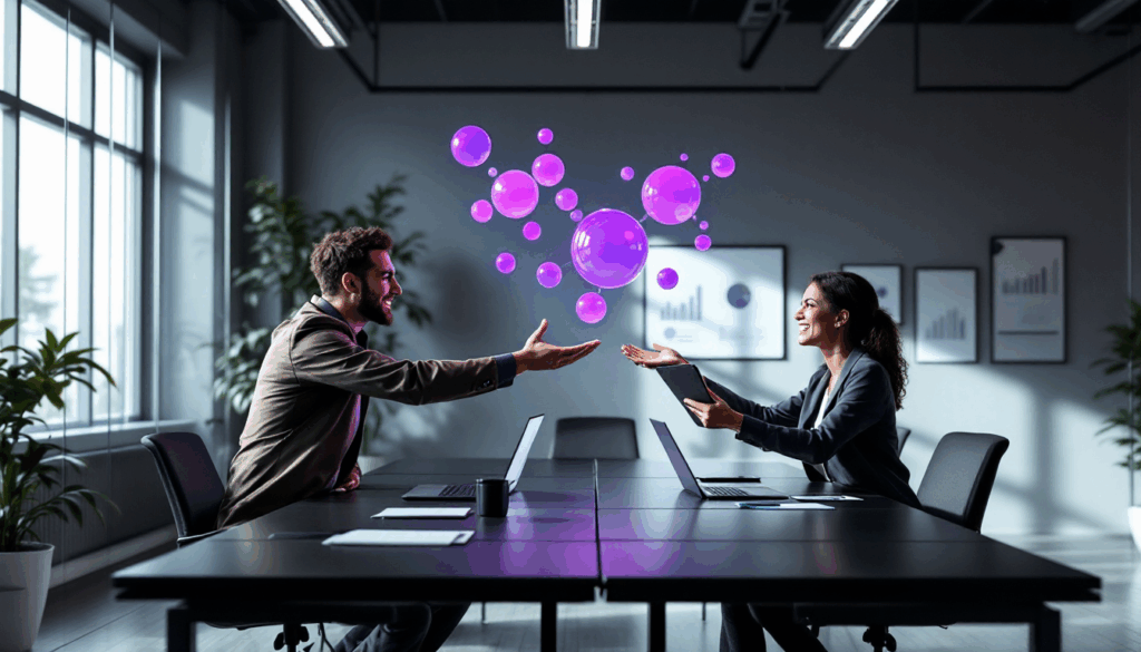 Professionals discussing with floating purple orbs