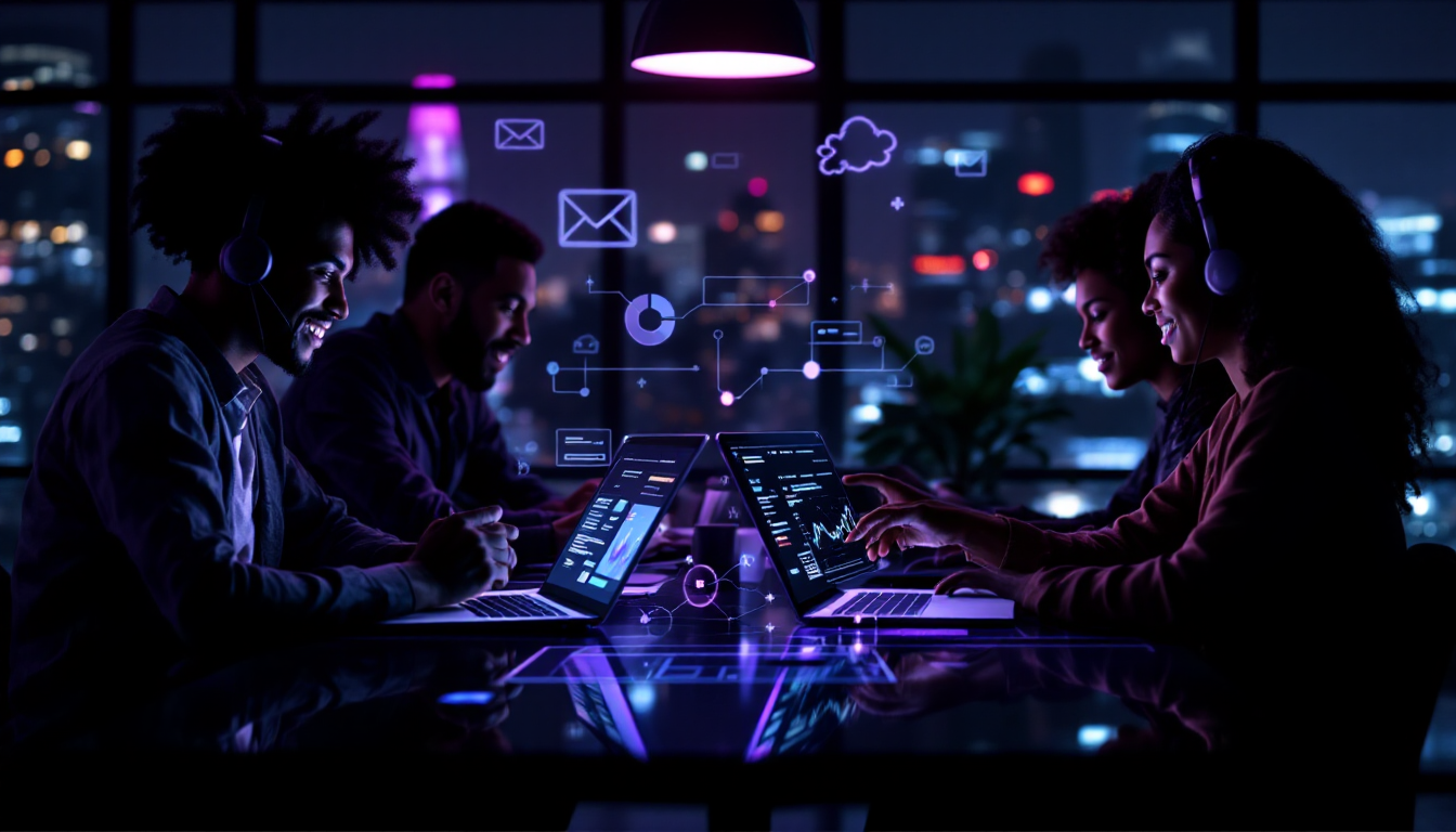 Team working at night in futuristic digital office