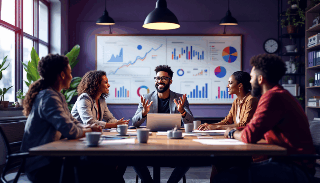 Diverse team discussing project in modern office setting