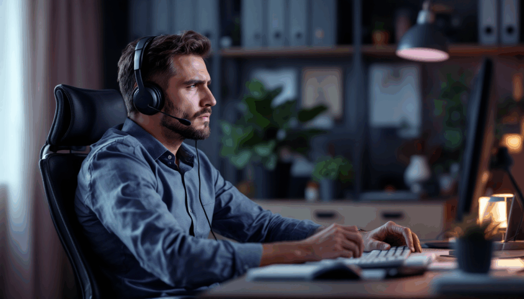 Focused man using headset while working at night