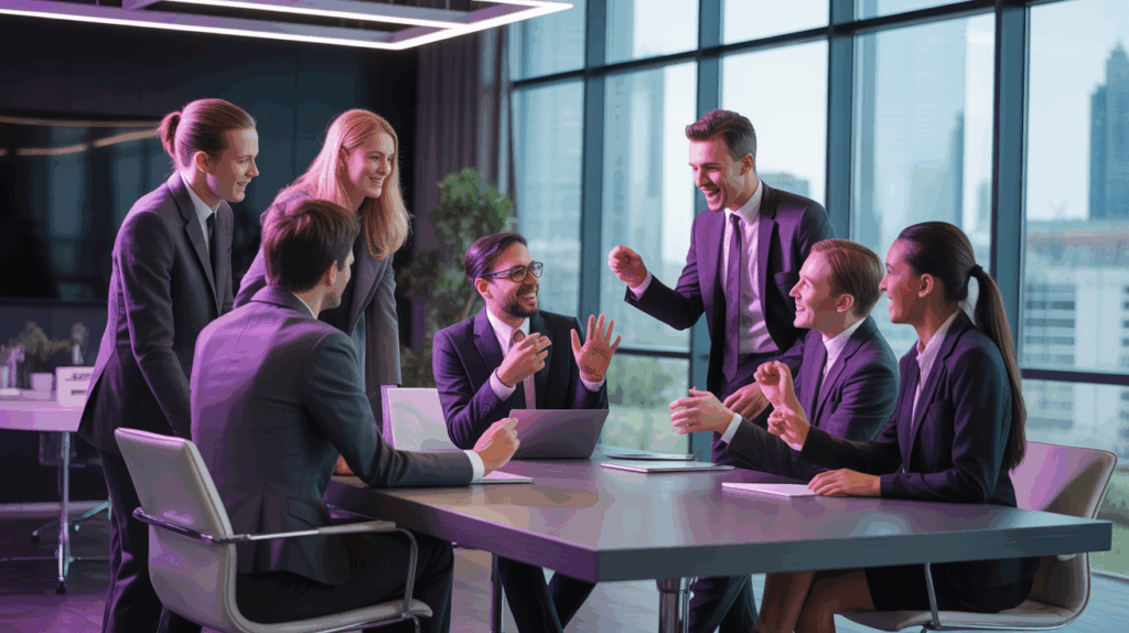 Business team celebrating success in modern office