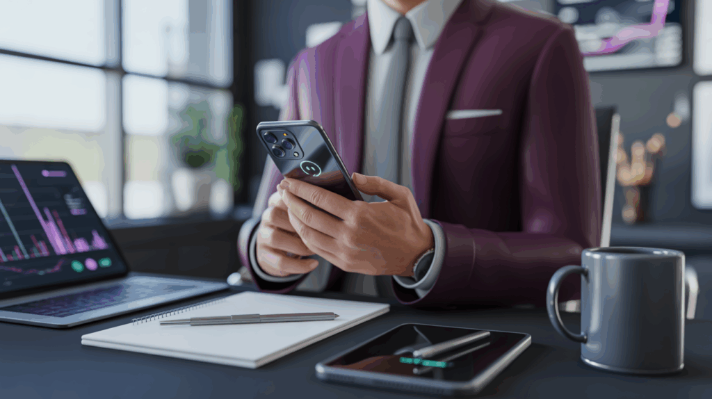 Businessman using smartphone at modern office desk