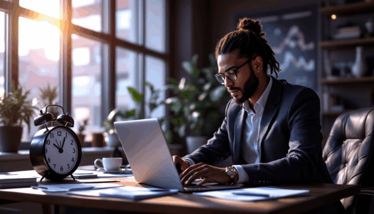 Man working on laptop in sunlit office.