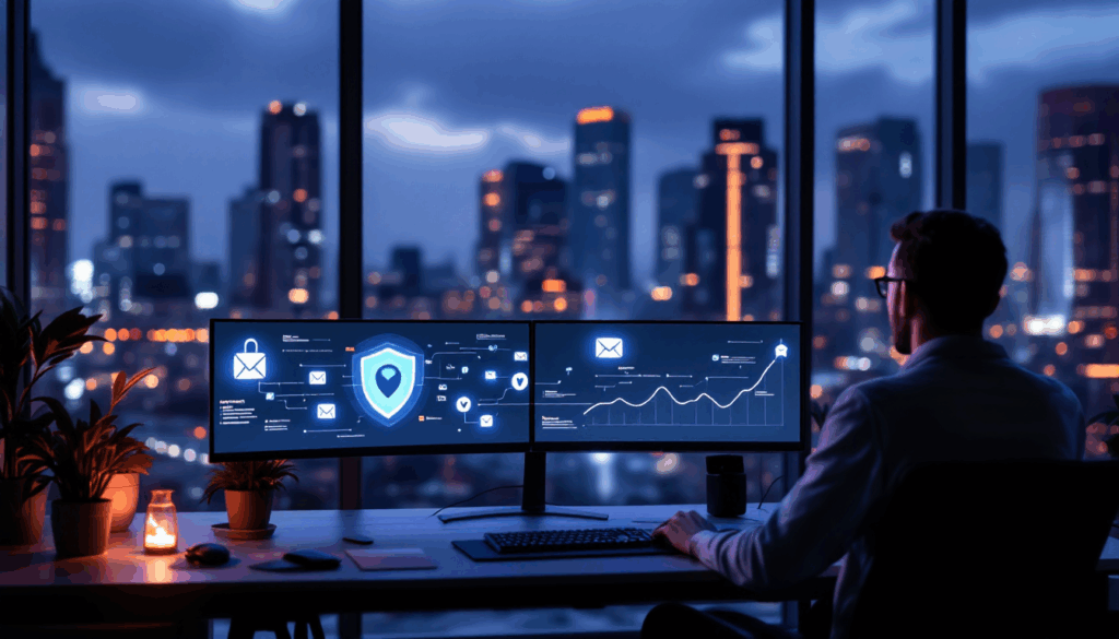 Man analyzing data on dual monitors at night