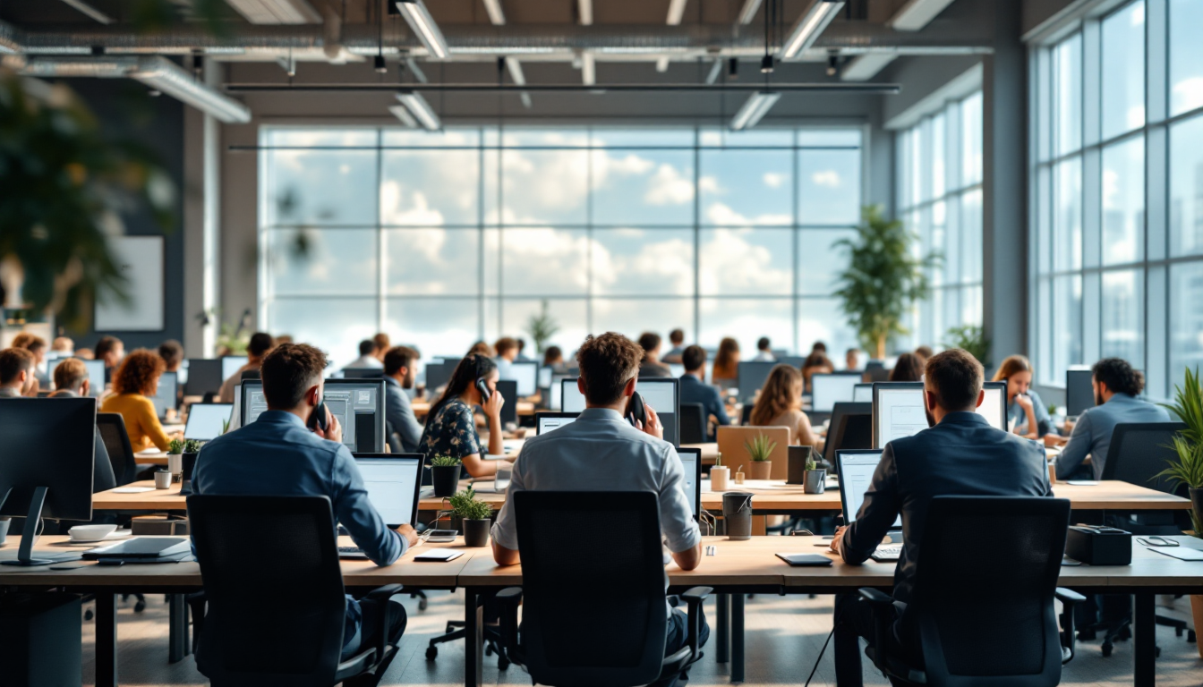 Busy office space with employees at computers