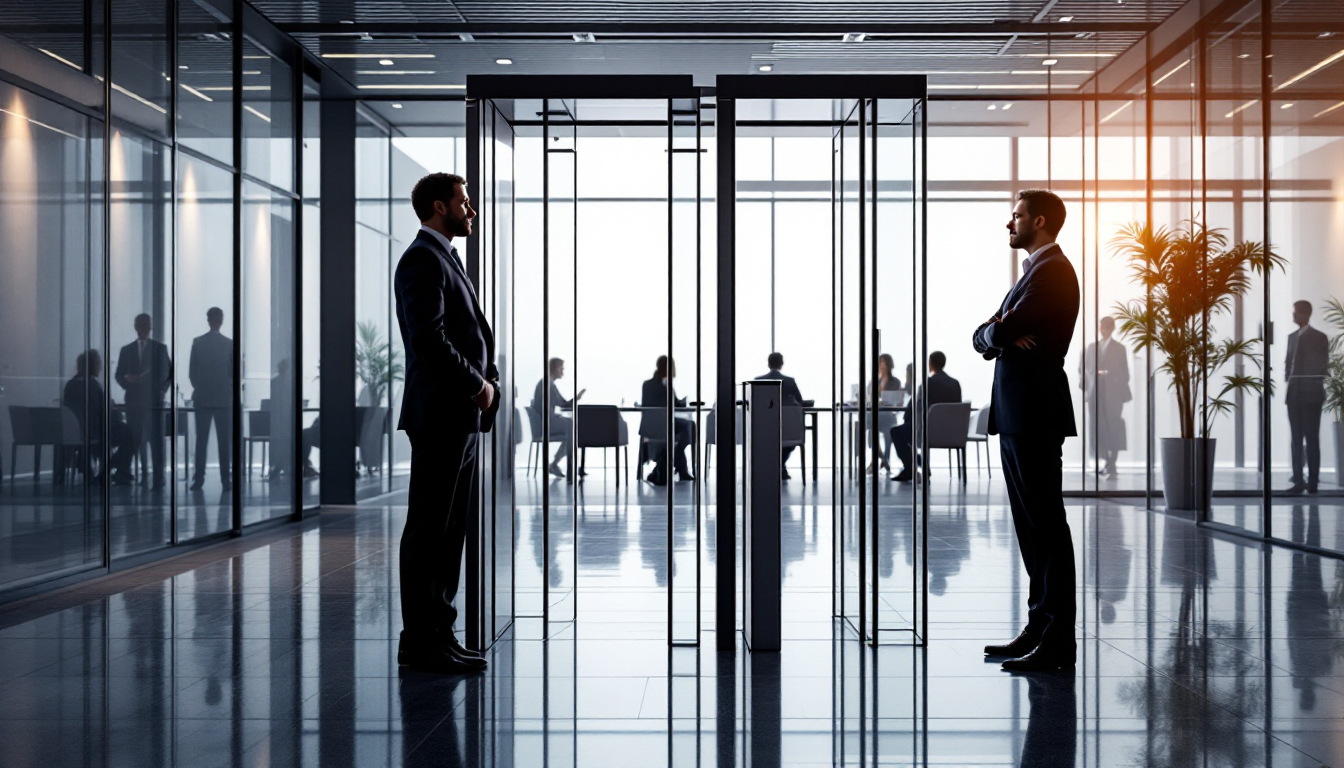 Two businessmen standing in modern office lobby