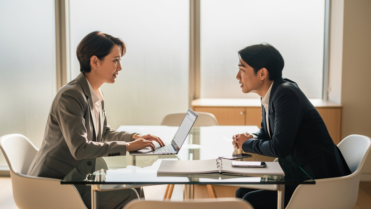 Two professionals confirming a scheduled B2B sales meeting