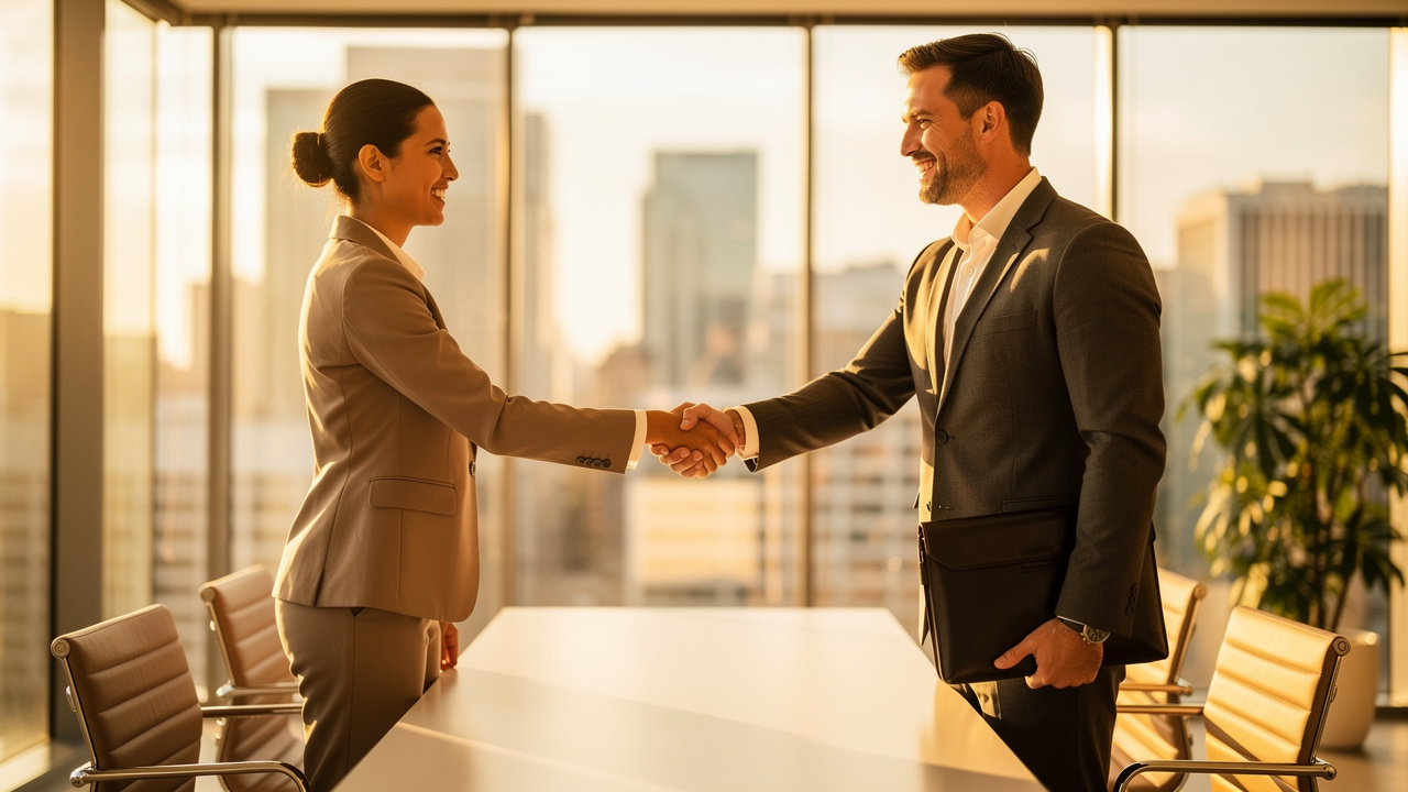 Business professionals shaking hands after a successful sales meeting