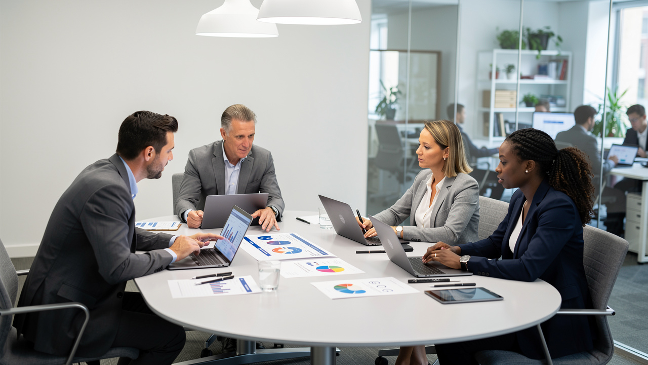 Group of business professionals discussing a deal in a corporate meeting room