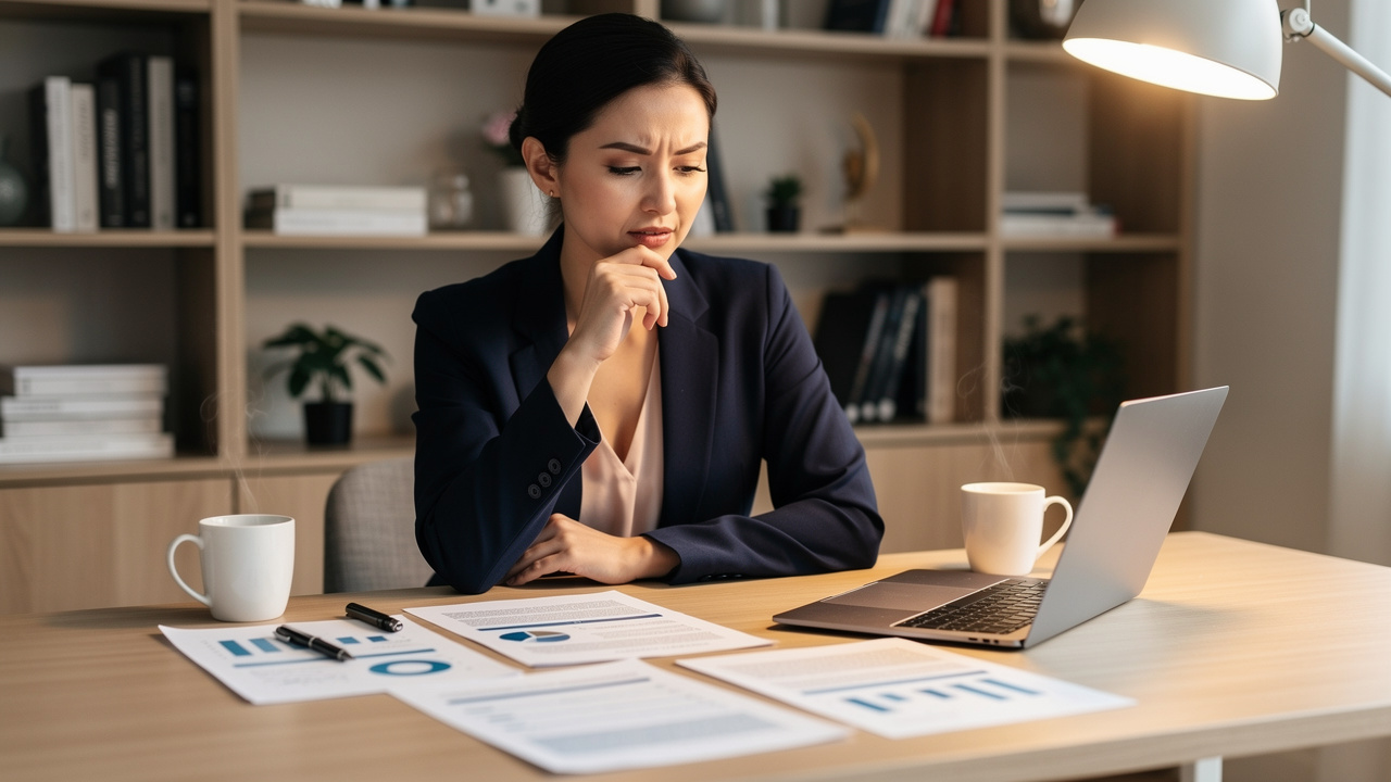 Business professional carefully reviewing a sales proposal at a desk