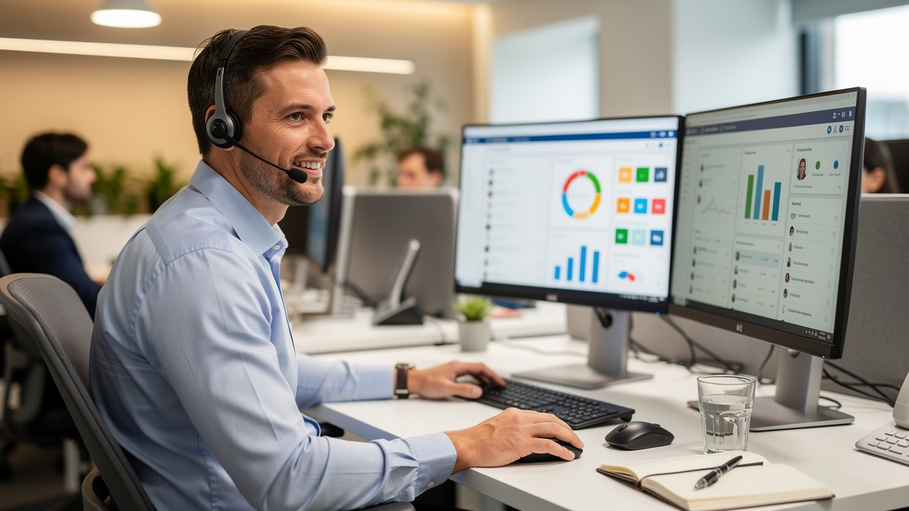 Sales representative on a headset managing a B2B prospecting pipeline