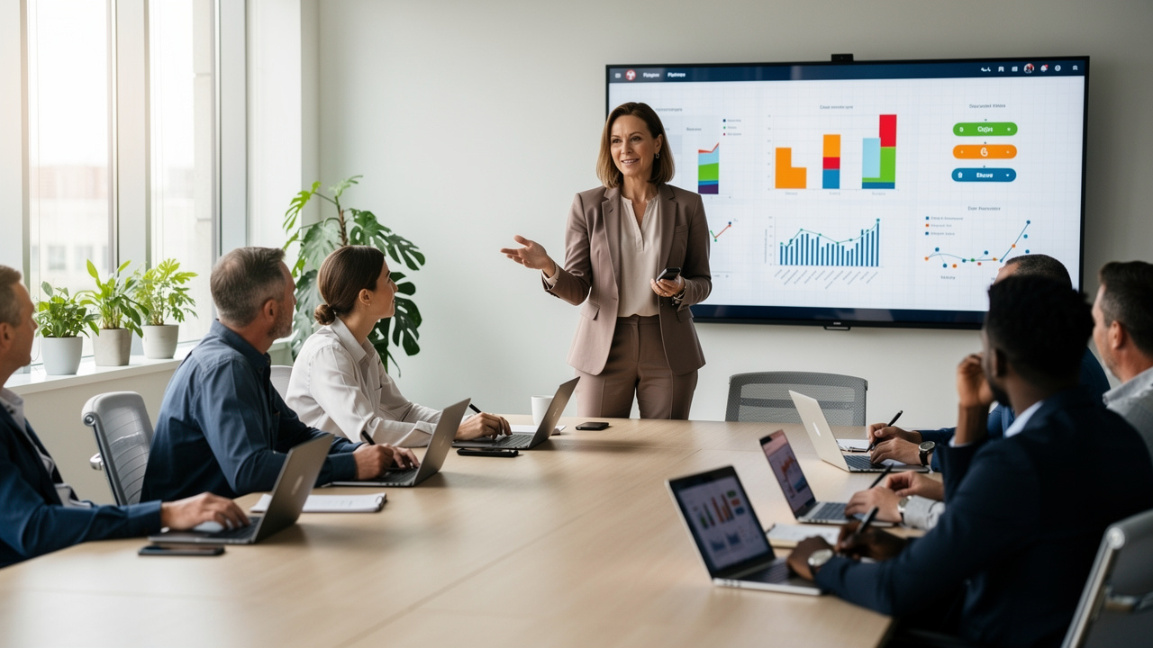 Sales leader presenting B2B sales strategy and pipeline data to a team