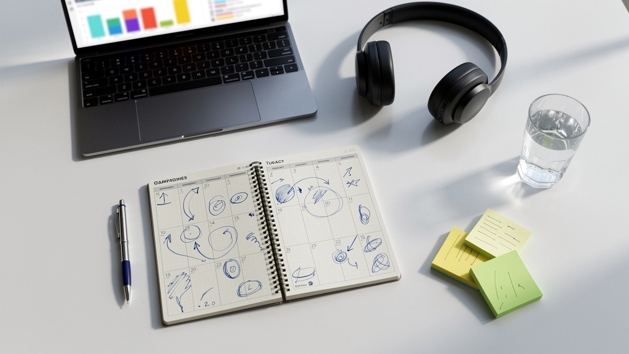 Organized cold calling campaign planning workspace with headset and planner