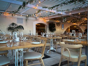 Elegant indoor restaurant setting with wooden furniture, warm lighting, and decorative foliage.