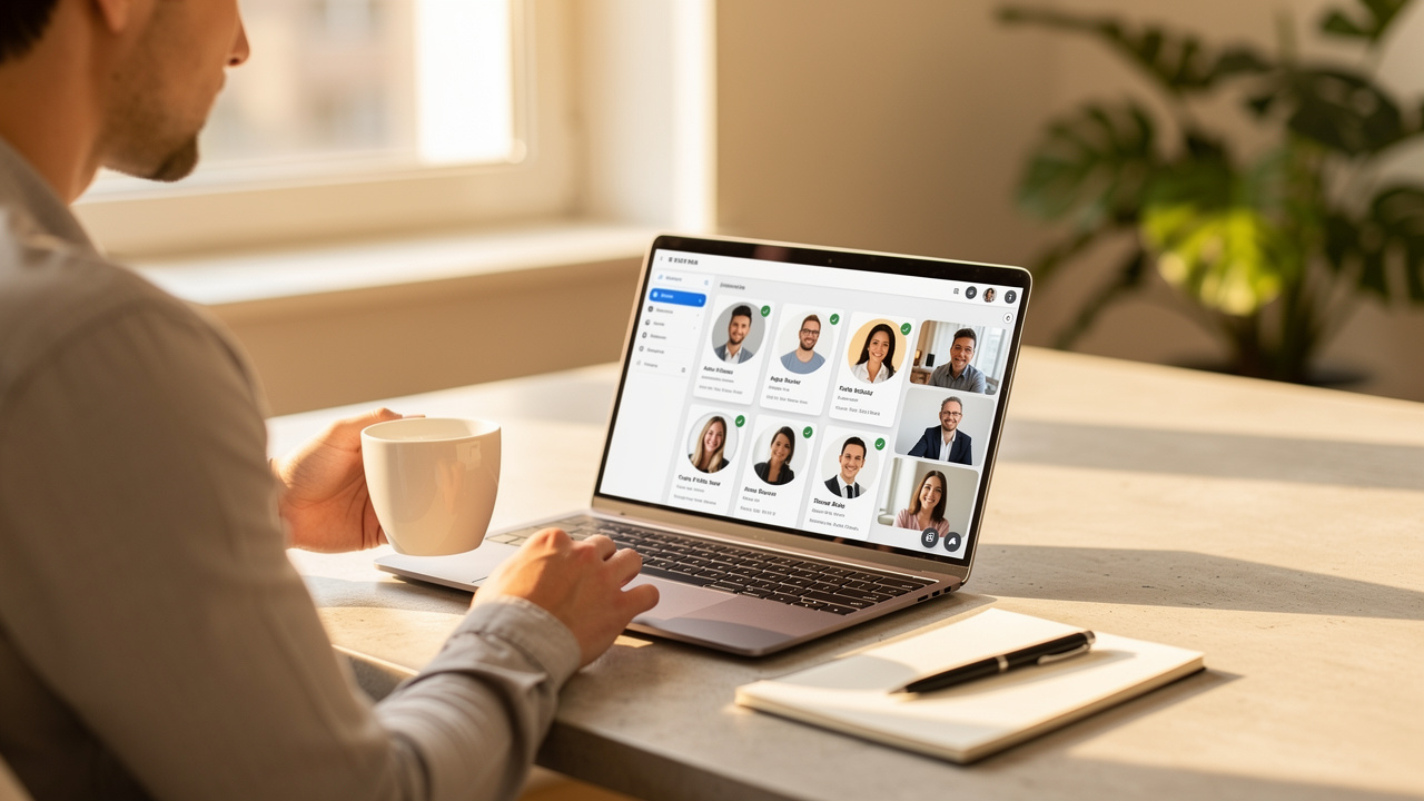 Hiring manager reviewing cold caller candidates on a laptop in bright office