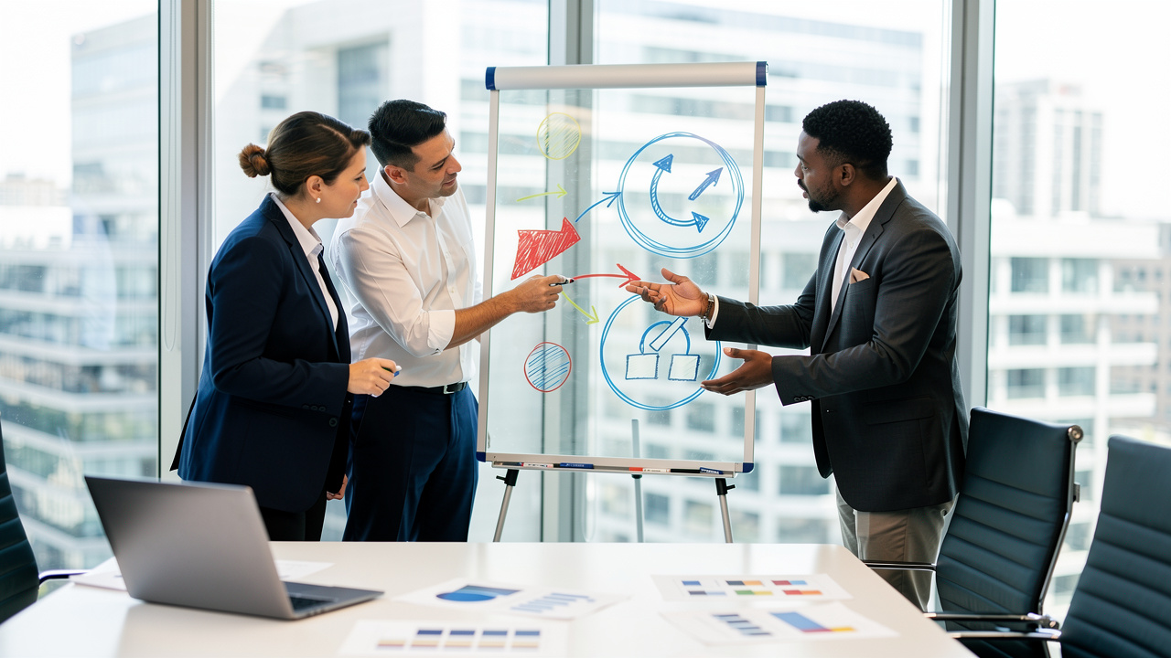 Sales team collaborating on outbound cold calling strategy in conference room