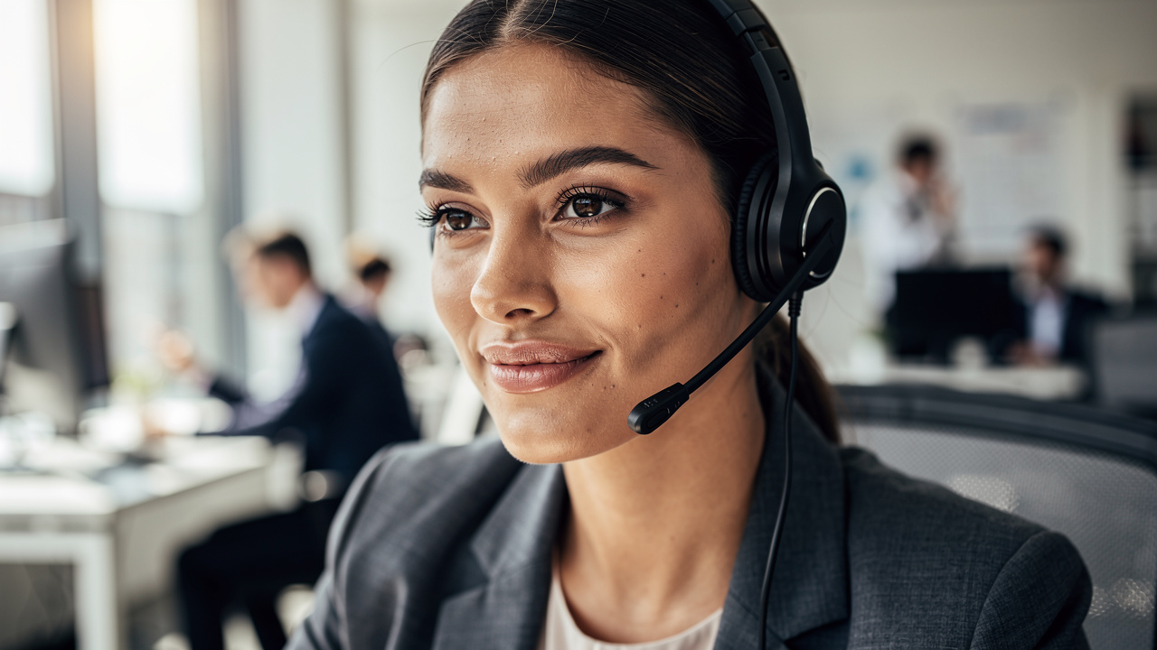 Focused cold caller wearing headset demonstrating resilience and confidence