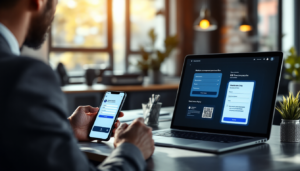 Man using smartphone for two-factor authentication on laptop